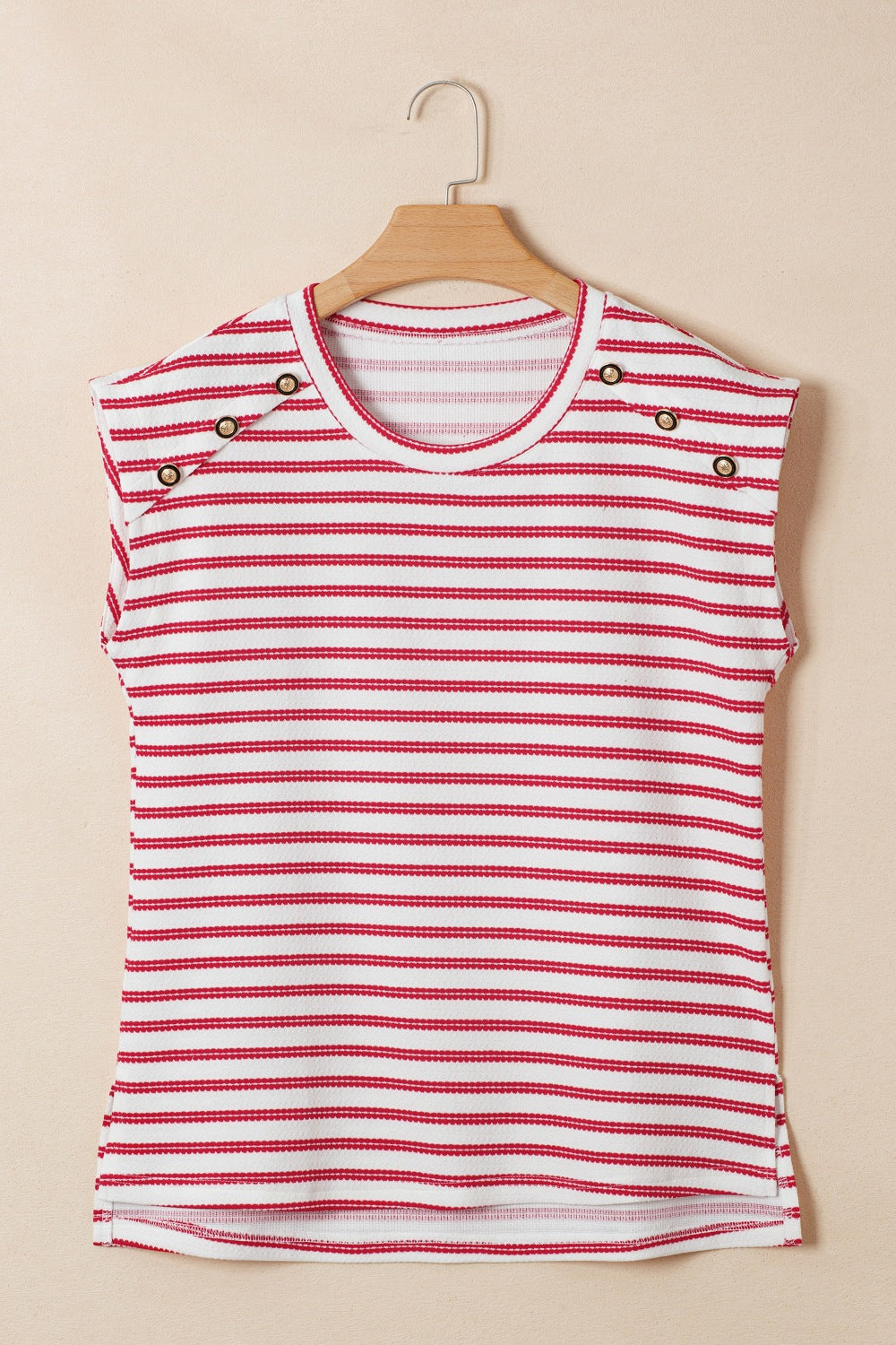 Stripe Textured Knit Button Detail Short Sleeve Casual Tee