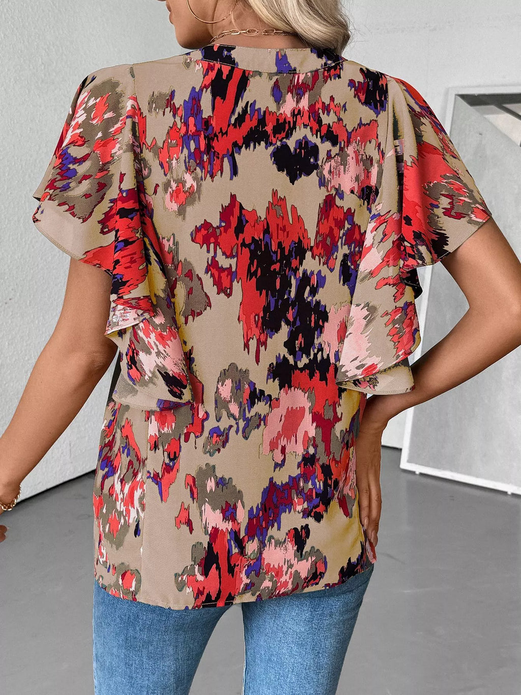 Abstract Print Flutter Sleeve Blouse