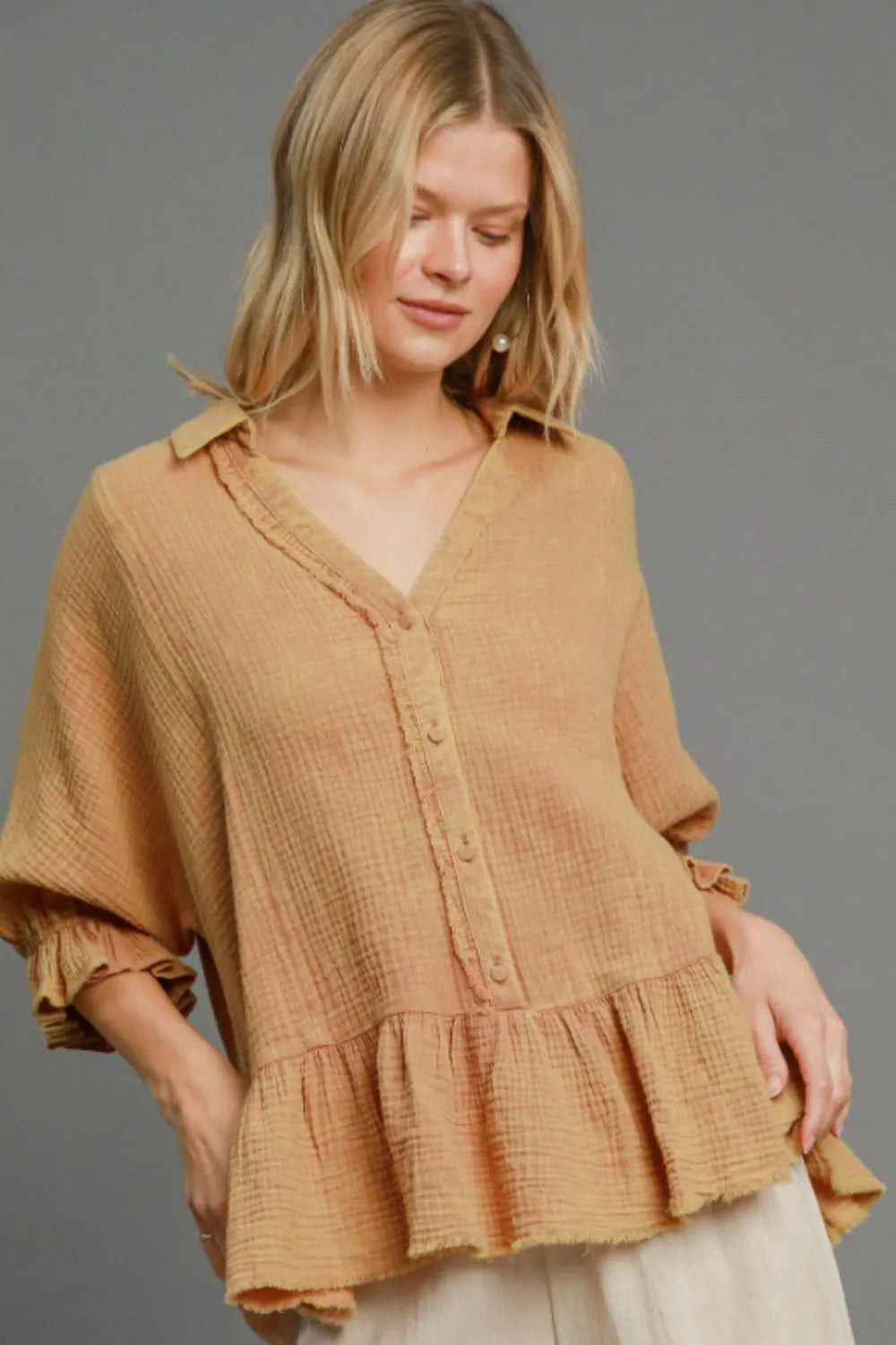 Umgee Full Size Mineral Washed Cotton Gauze Top Plus Size