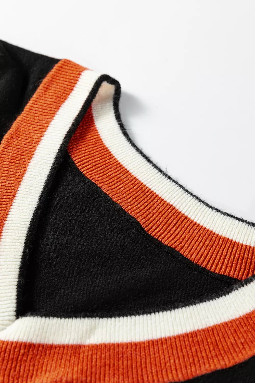 Contrast Striped Trim V Neck Varsity Sweater