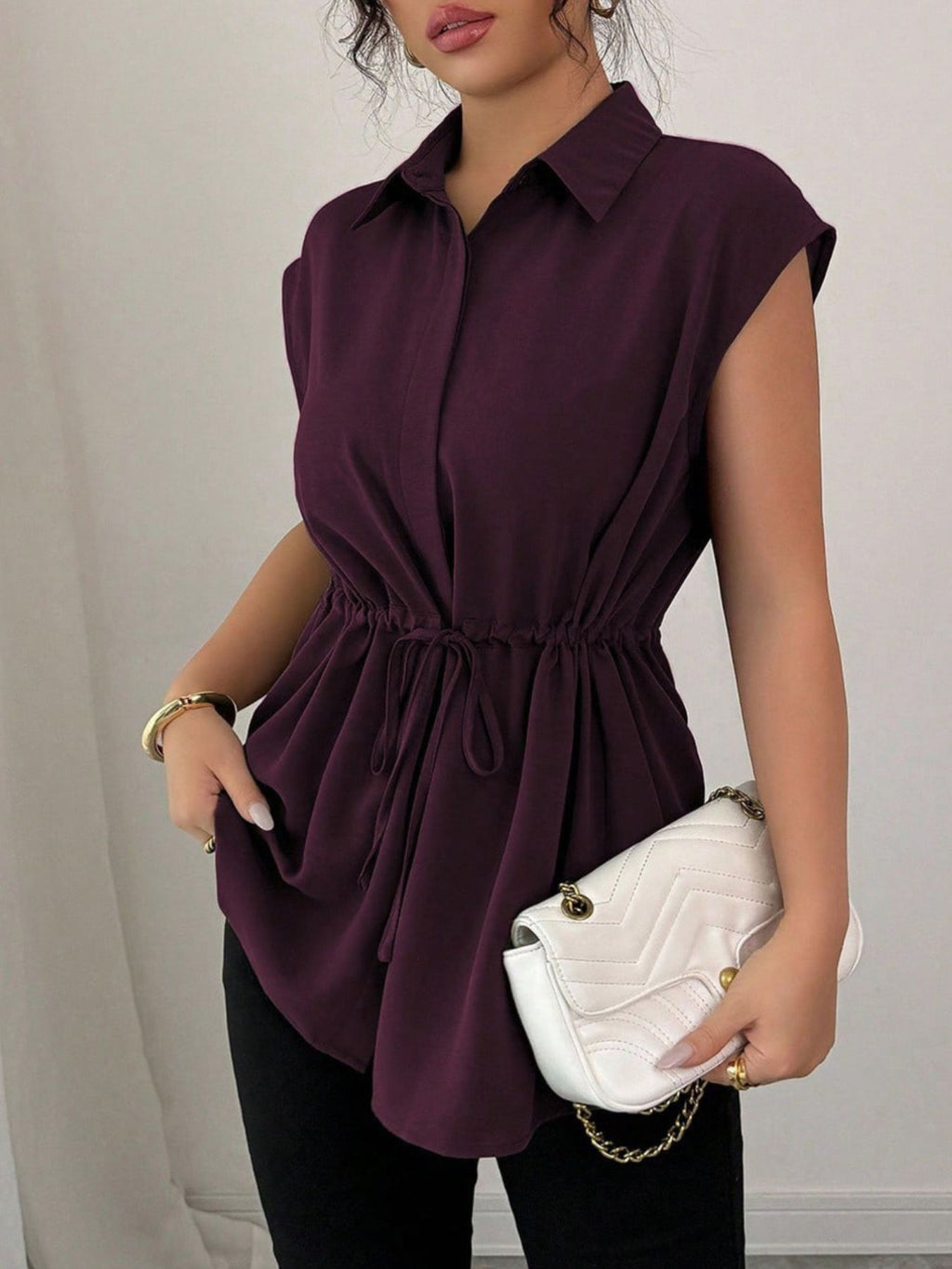 Drawstring Waist Cap Sleeve Shirt