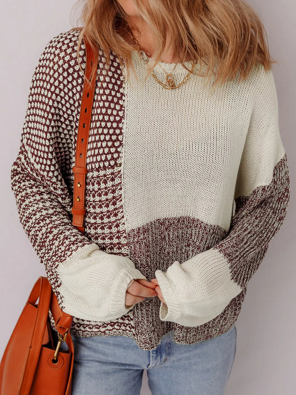 Color Block Back Tie Drop Shoulder Loose Sweater