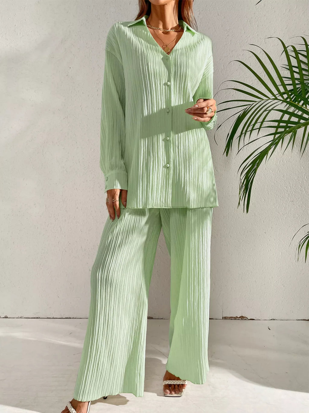 Long Sleeve Shirt & Wide Leg Pants Set