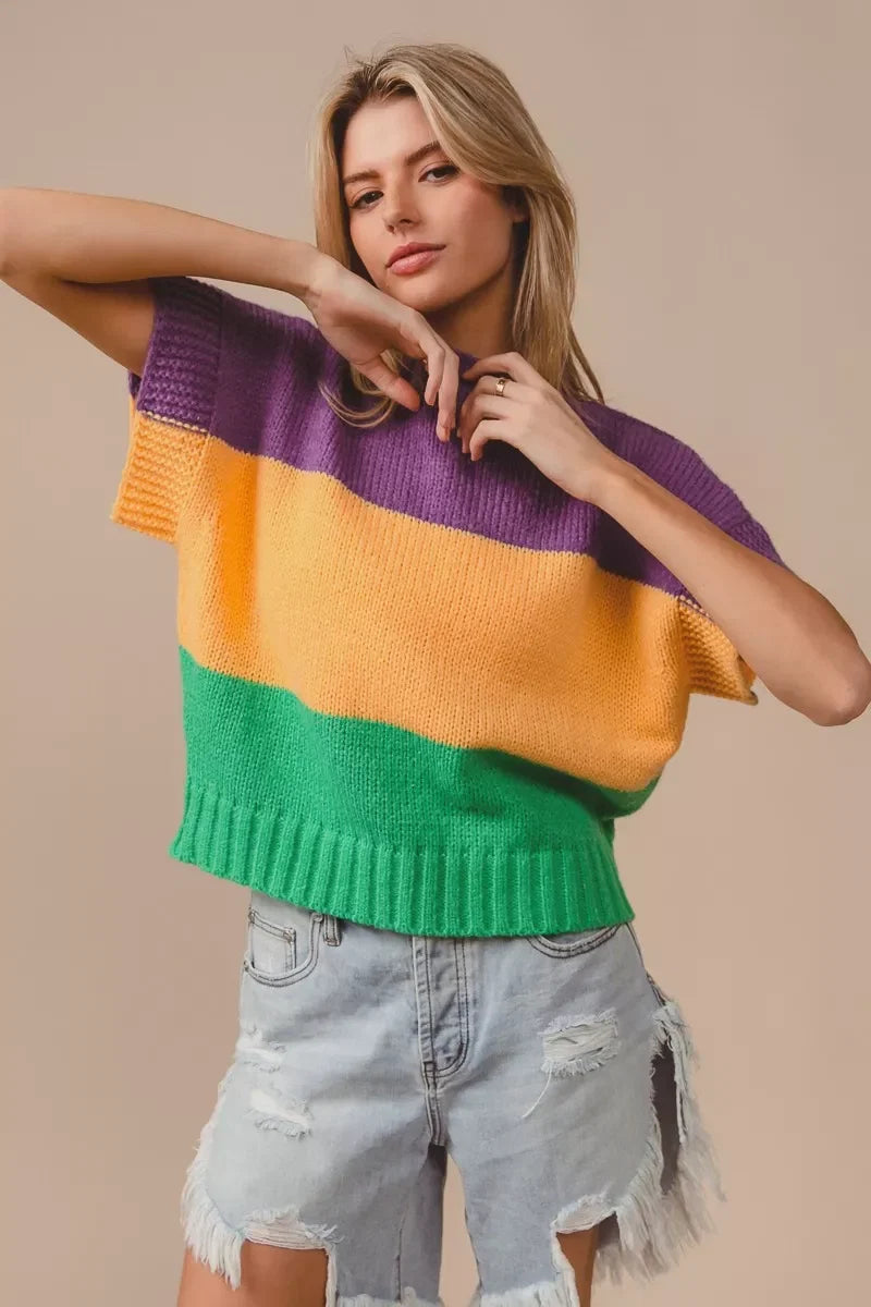 BiBi Mardi Gras Color Block Drop Shoulder Sweater Top