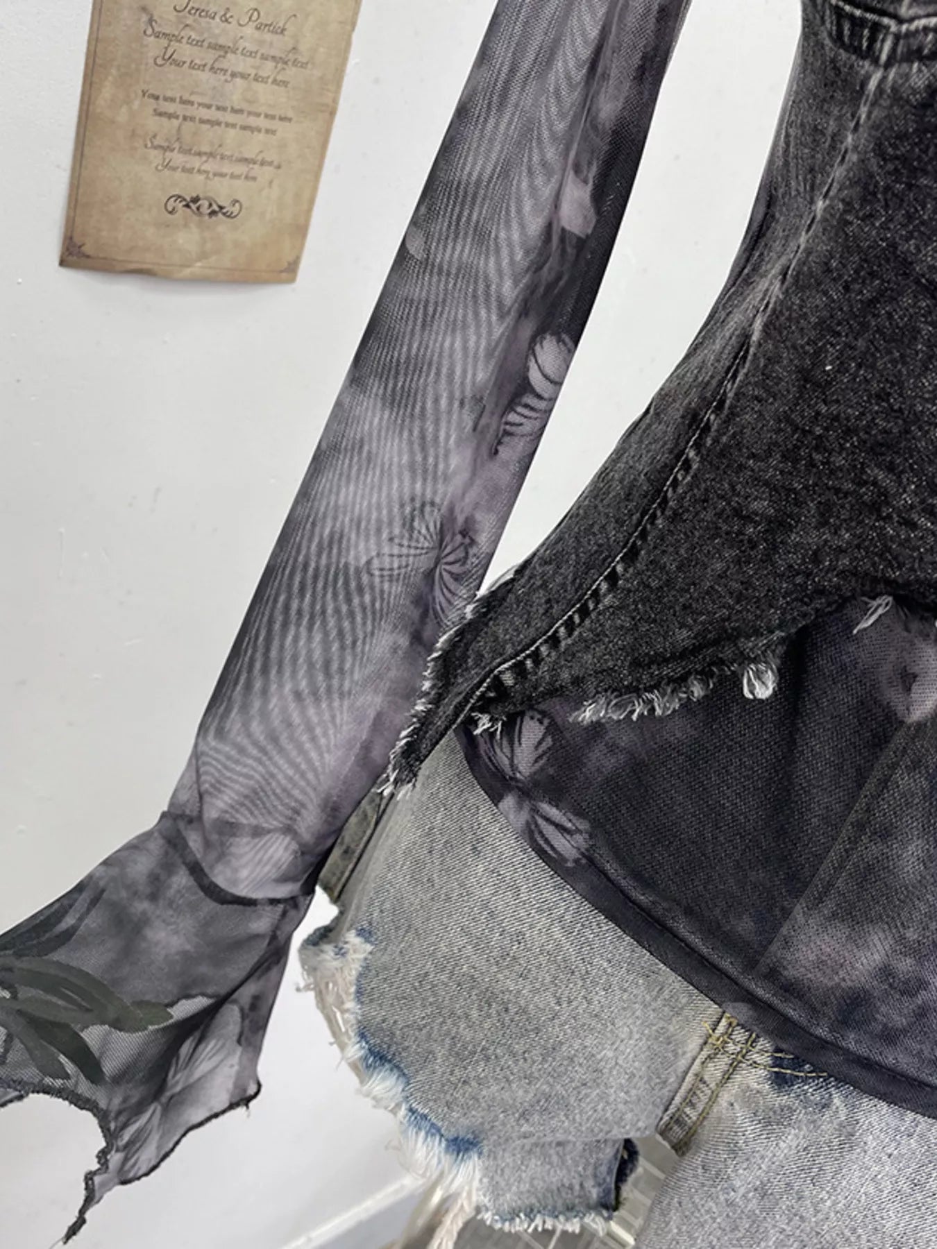 Asymmetrical Neck Denim Patchwork Top