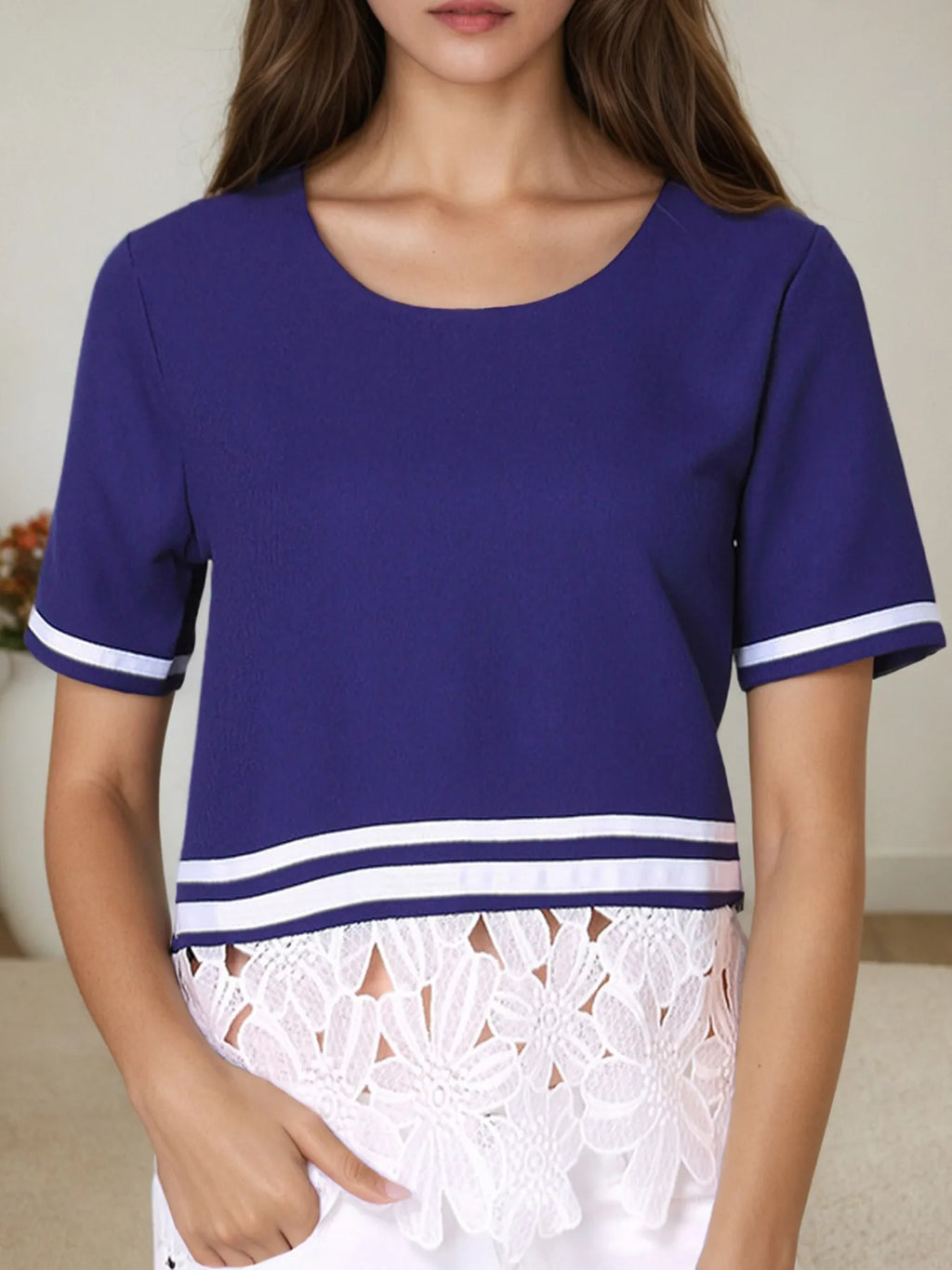 Striped Trim T-Shirt with Lace Hem Detail