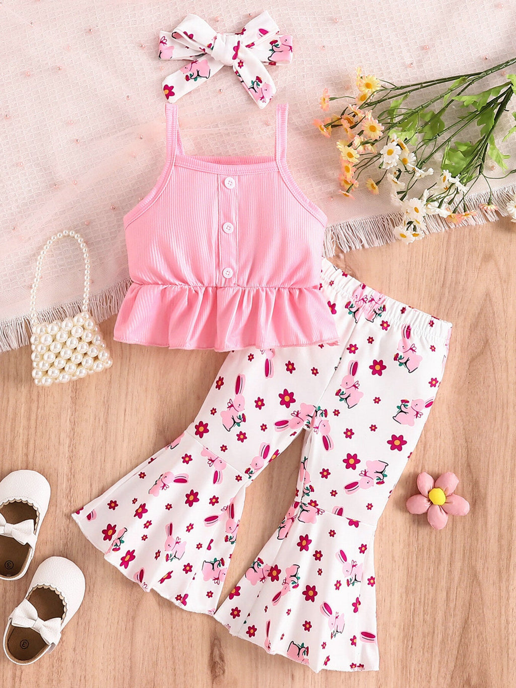 Children's Ruffle Hem Tank Top with Flare Pants and Headband Set