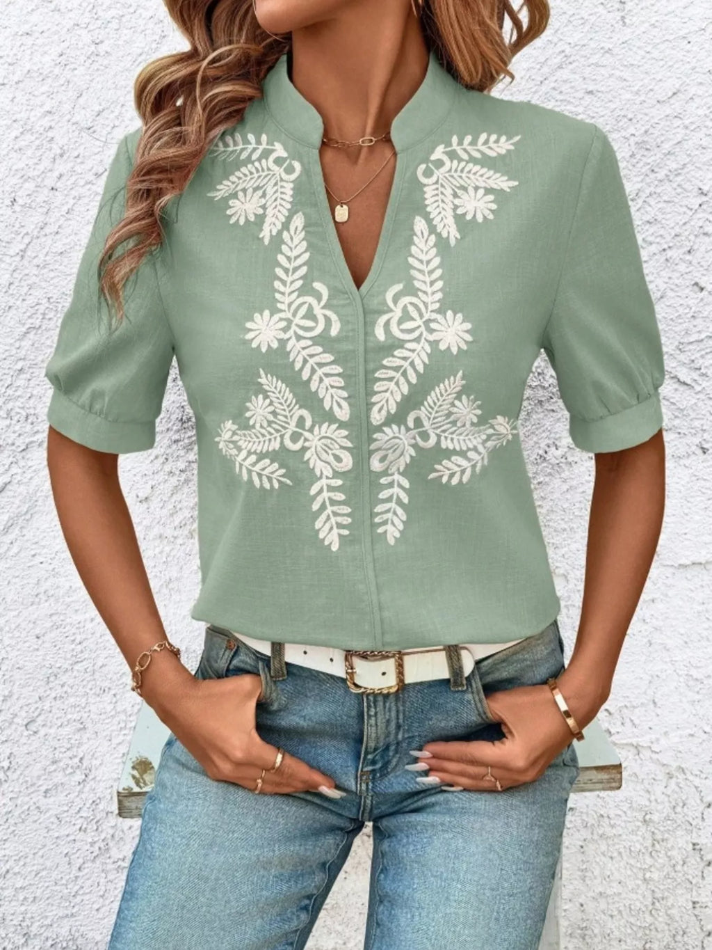 Embroidered Notched Short Sleeve Blouse