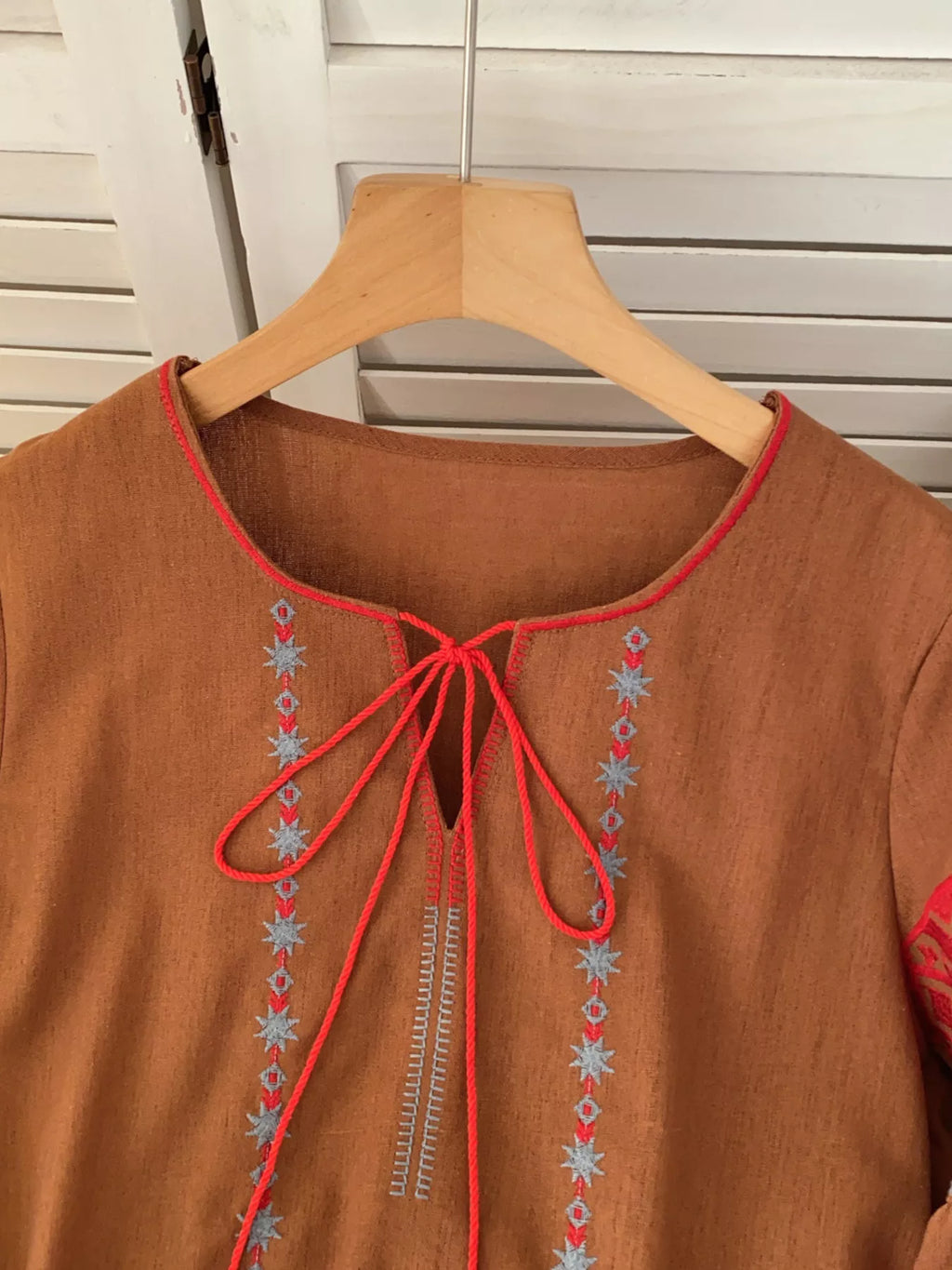 Embroidered Tie Neck Blouse