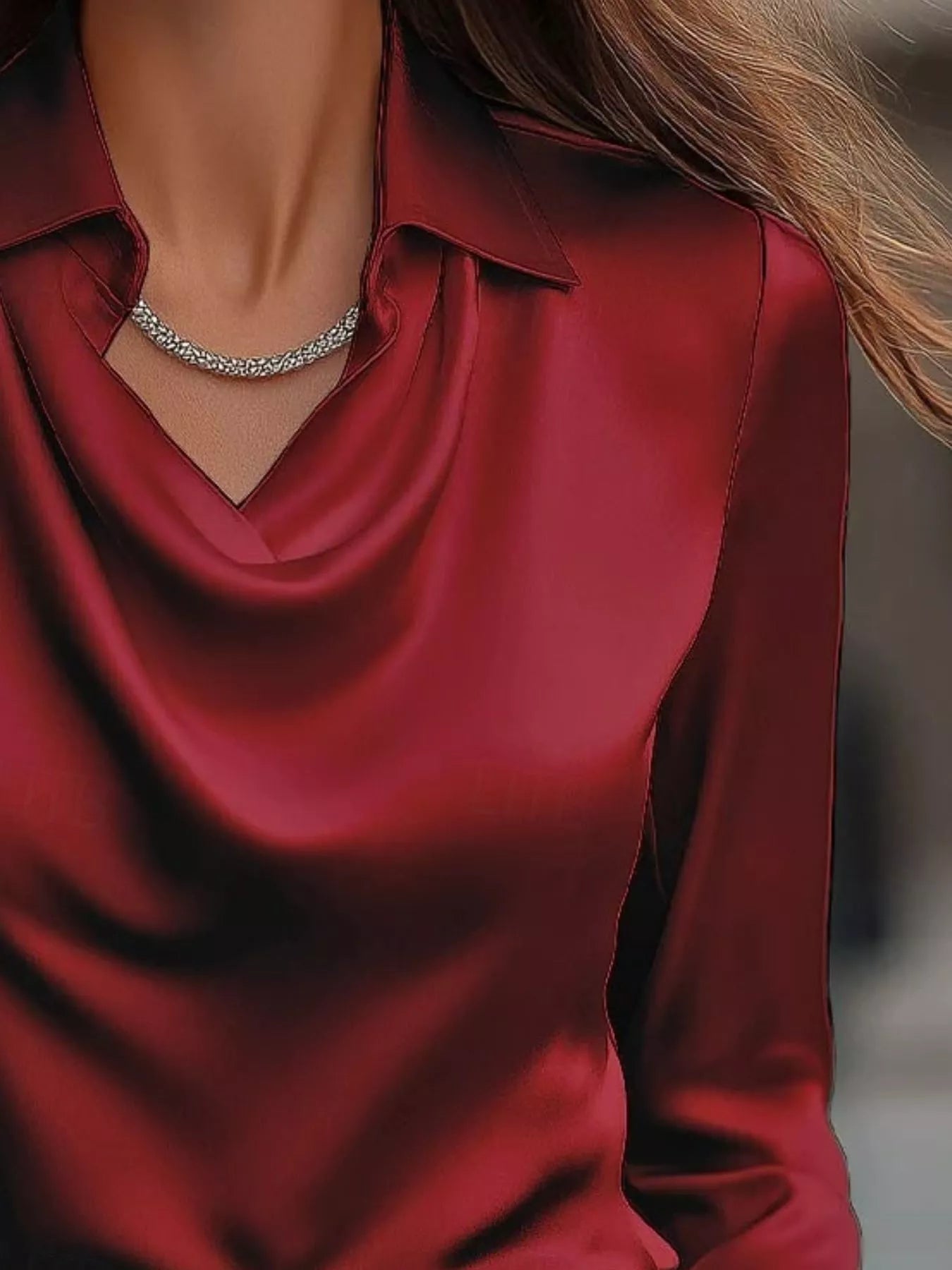 Ruched Long Sleeve Drape Collar Blouse