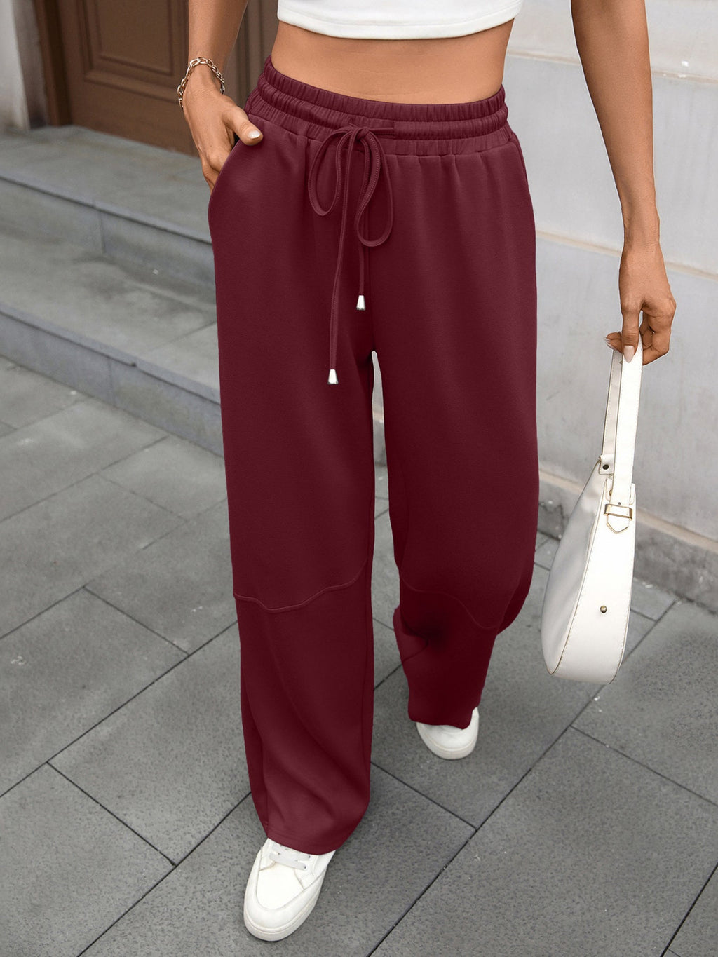 Drawstring High Waist Wide Leg Casual Pants