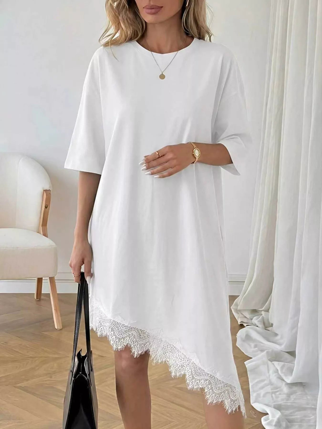 Lace Trim Asymmetrical Hem T-shirt Dress