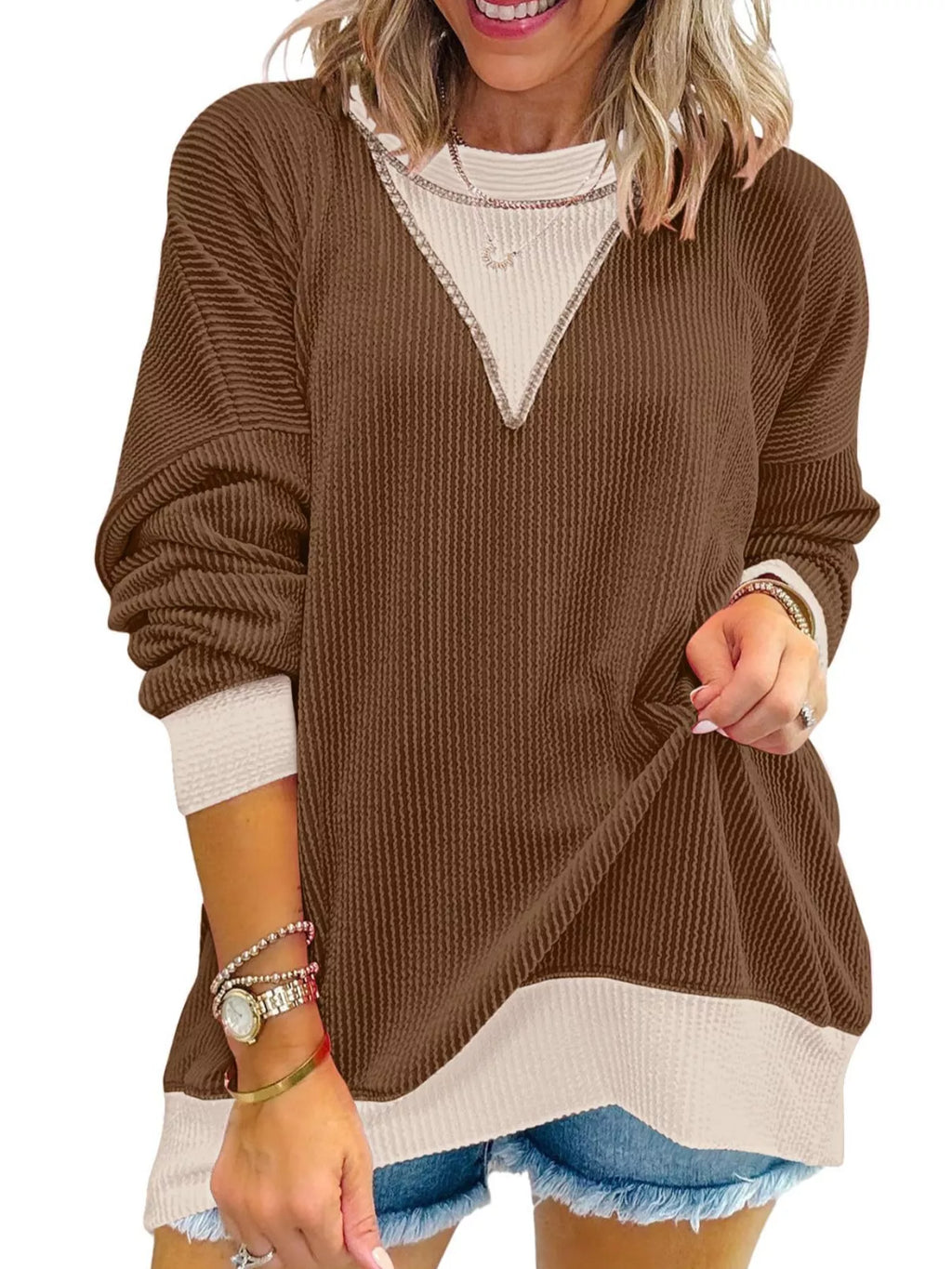 Two-Tone Ribbed Knit Sweatshirt