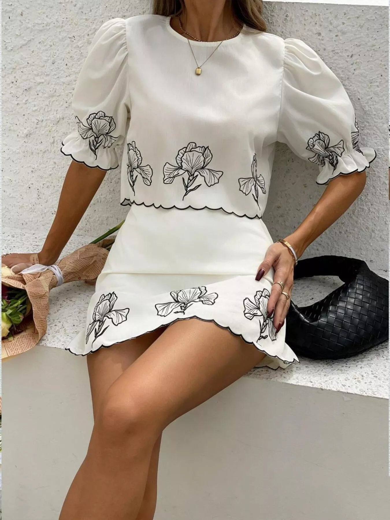 Floral Scallop Trim Top and Skirt Two-Piece Set