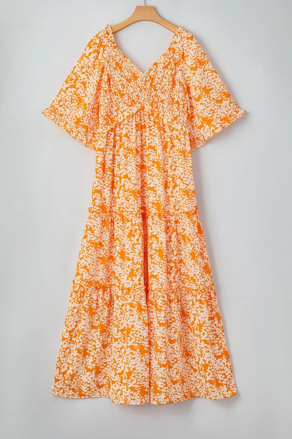 Floral Print Smocked V Neck Wide Sleeve Maxi Dress