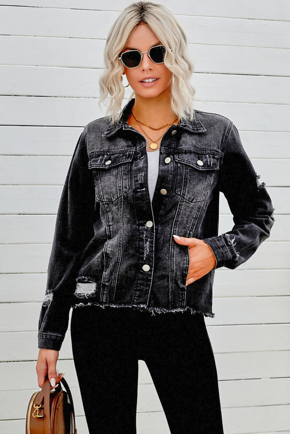 Distressed Raw Hem Buttons Denim Jacket