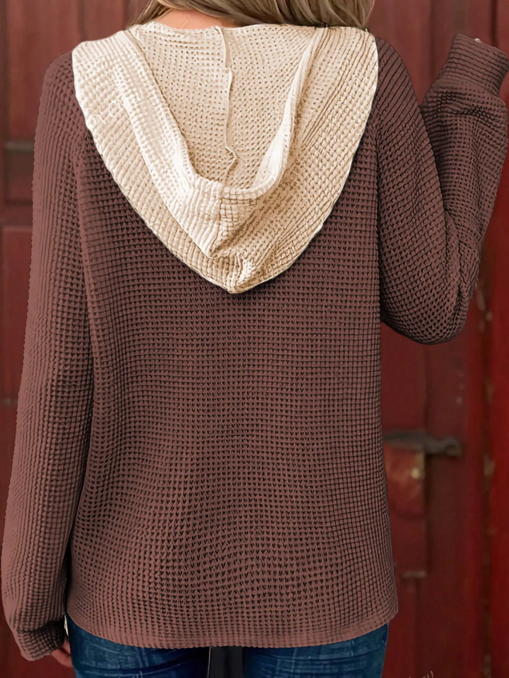 Waffle Contrast Half Buttoned Hooded Pullover Top