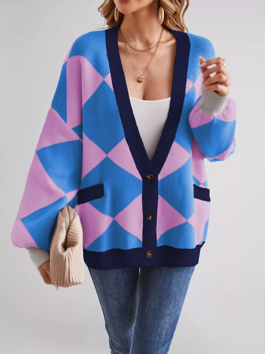 Diamond Pattern Button-Up Knit Cardigan