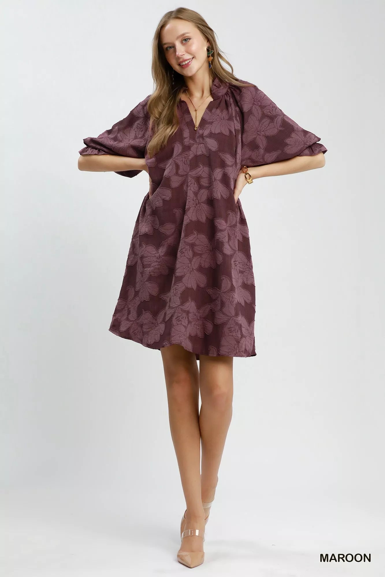 Umgee Floral Textured Jacqaurd V-Neck Dress