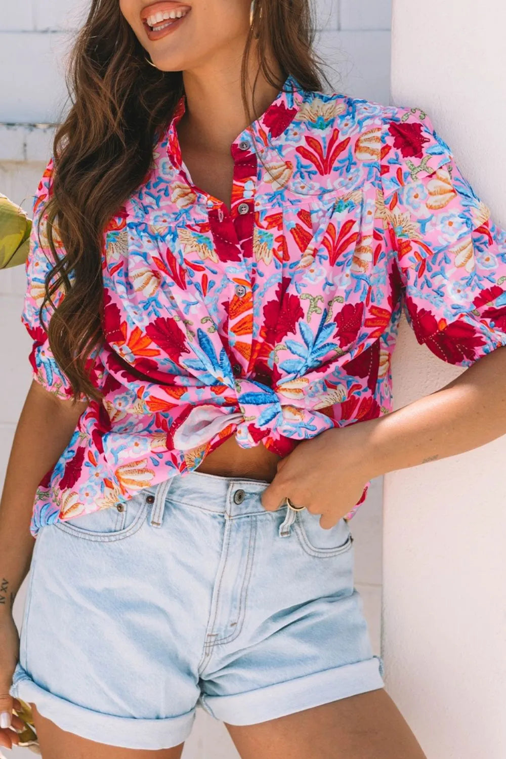 Floral Puff Sleeve Button-Up Top