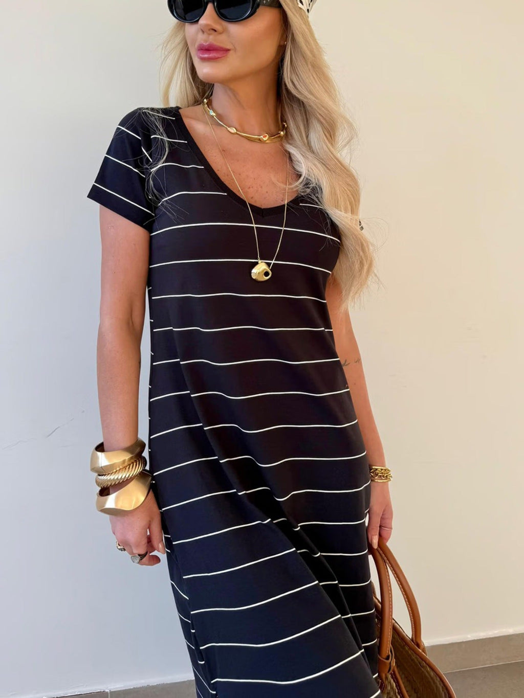 Slit Casual Striped Midi T-Shirt Dress