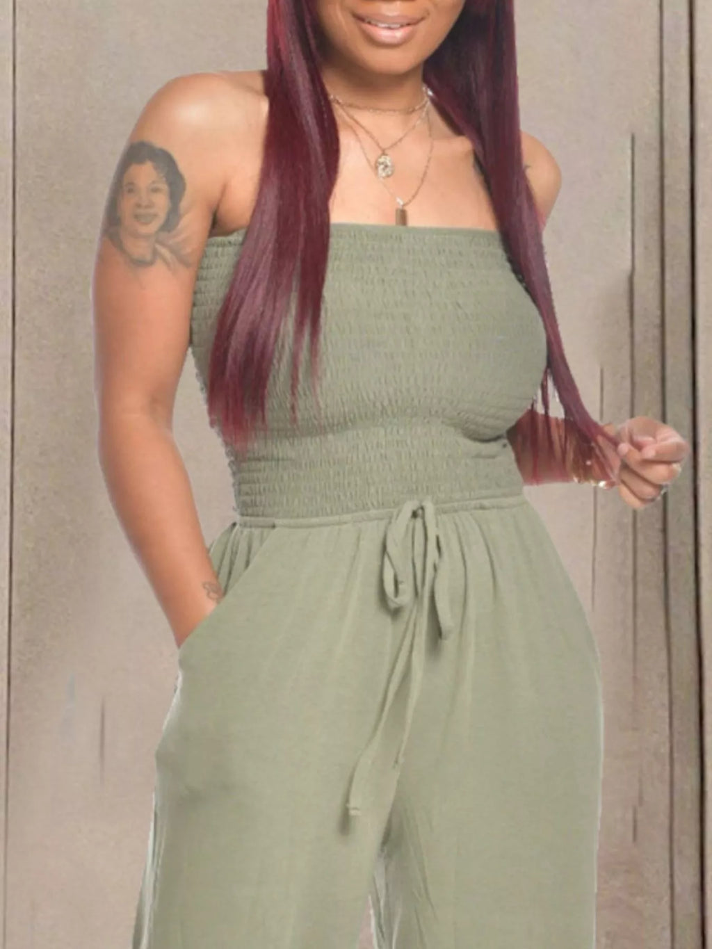 Strapless Smocked Wide-Leg Jumpsuit