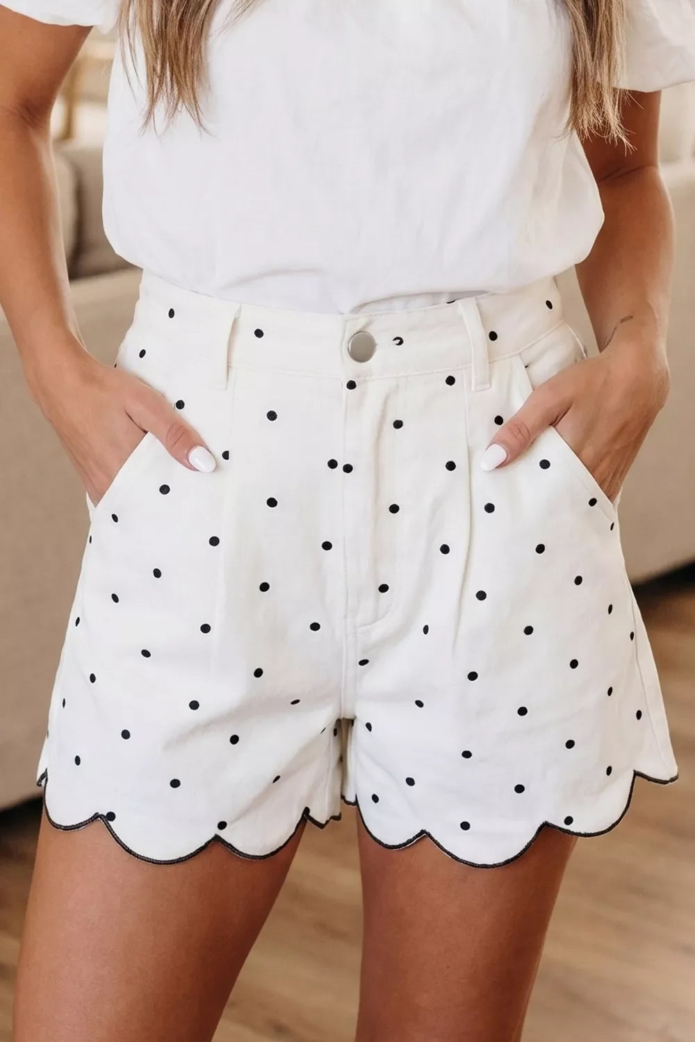 Polka Dot Scalloped Hem Shorts