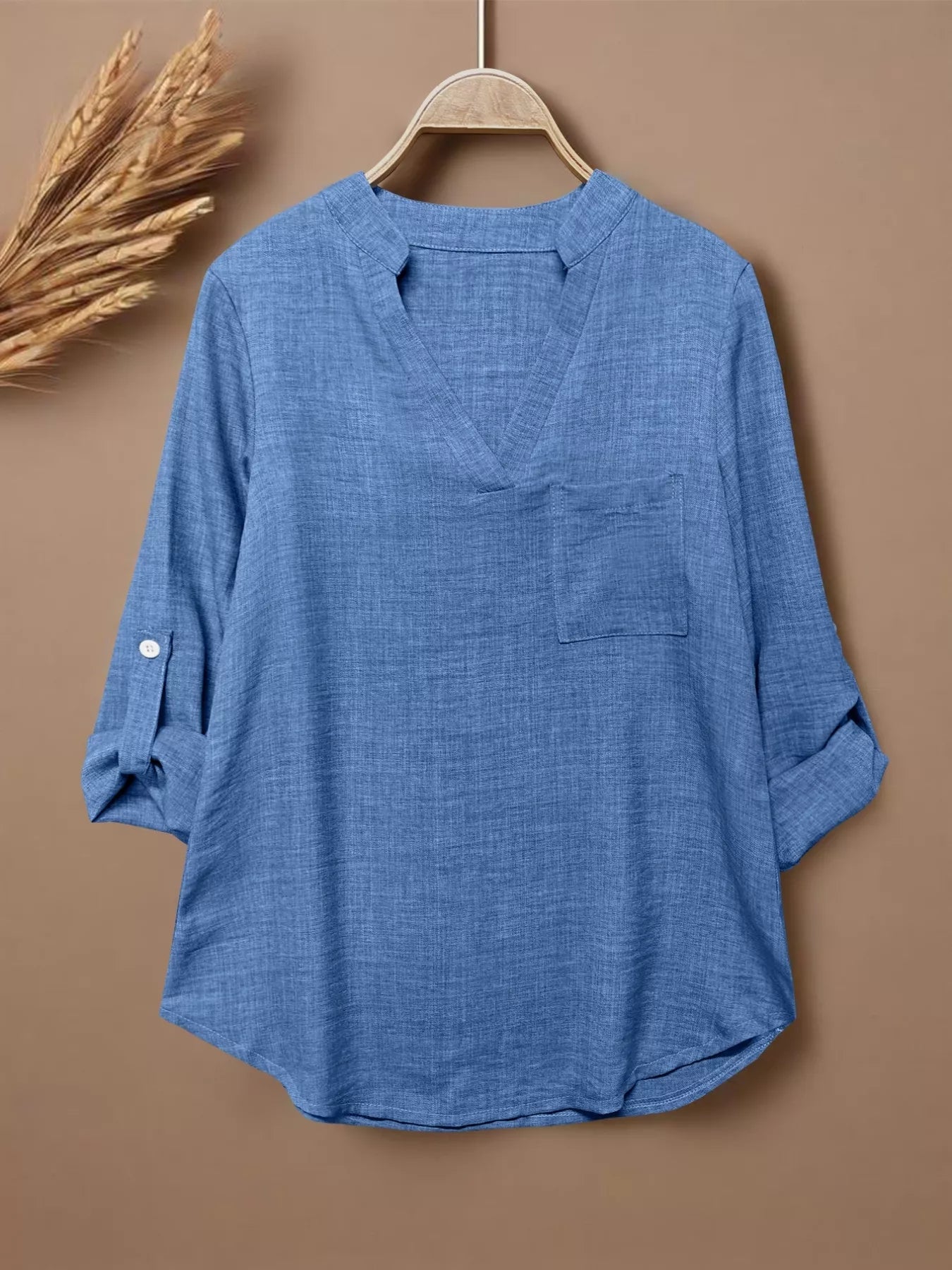 Casual Notched Roll-Up Sleeve Blouse