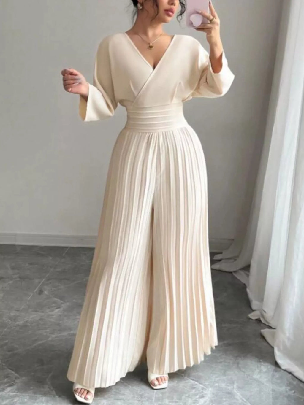 Surplice Pleated Wide Leg Jumpsuit