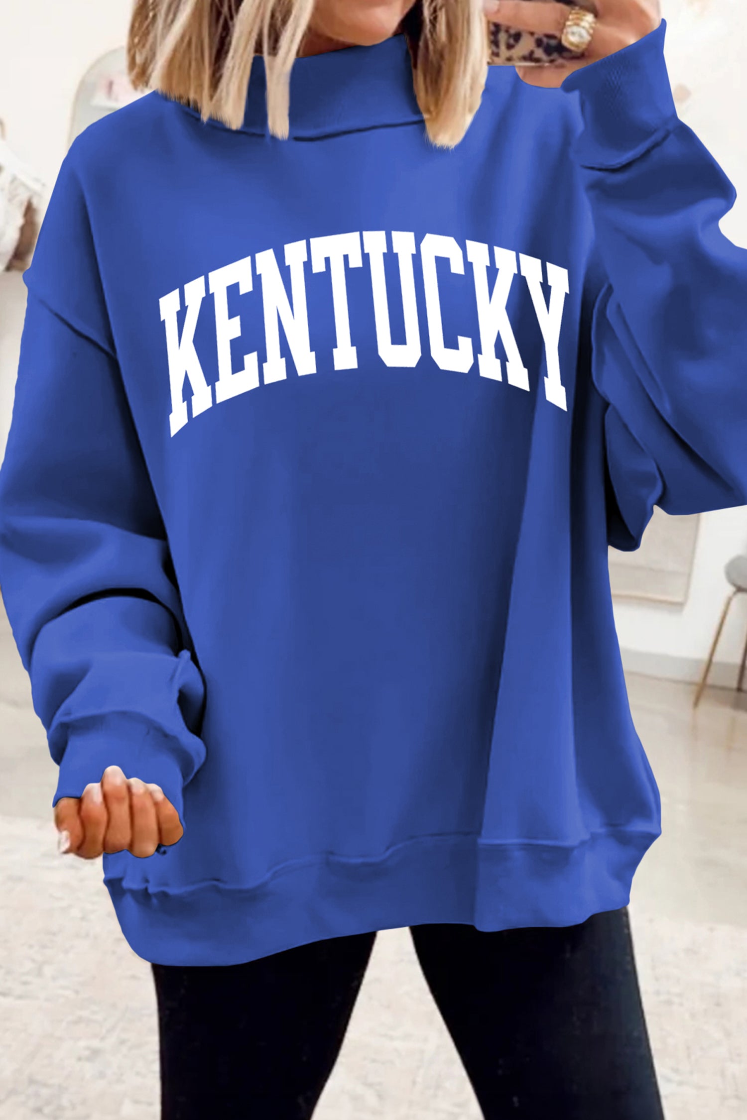 Dark Blue KENTUCKY Leopard KY Letter Print Reversible High Neck Sweatshirt