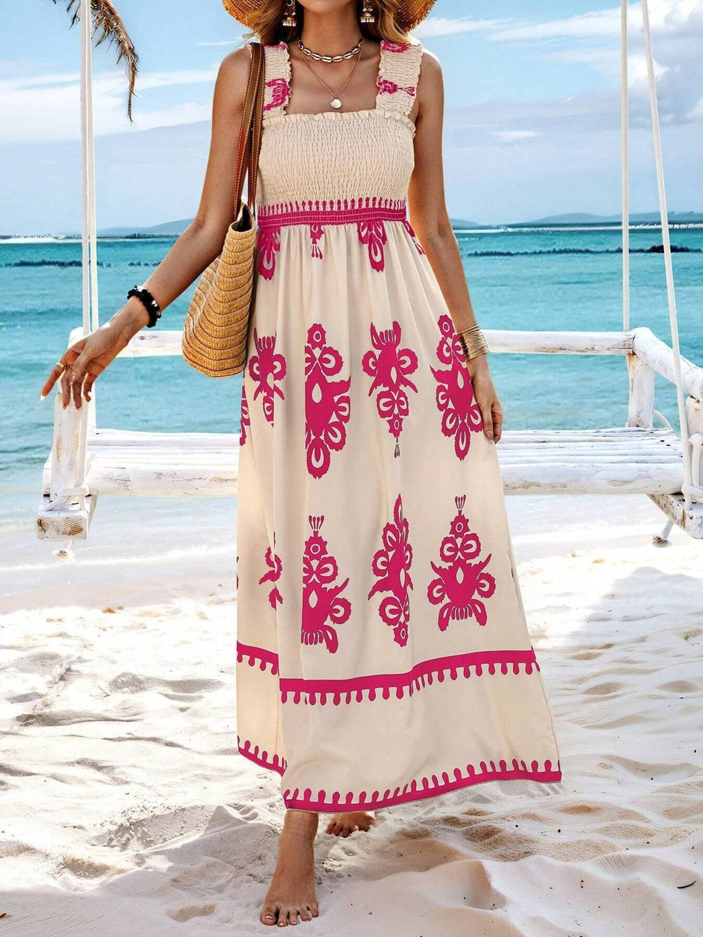 Smocked Bodice Colorful Print Tank Dress