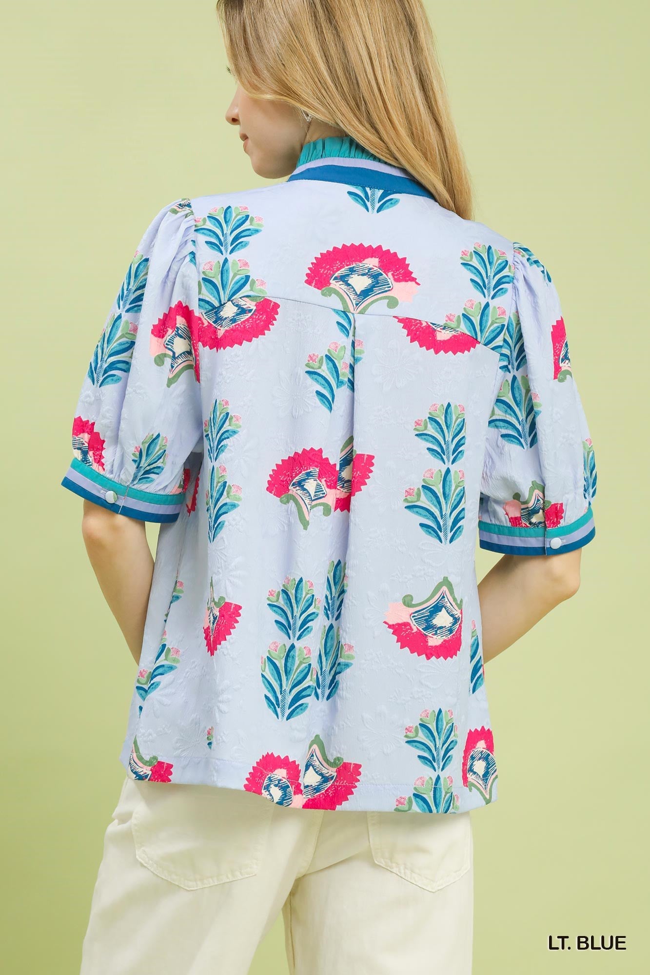 Umgee Print Puff Sleeve Blouse with Contrast Trim