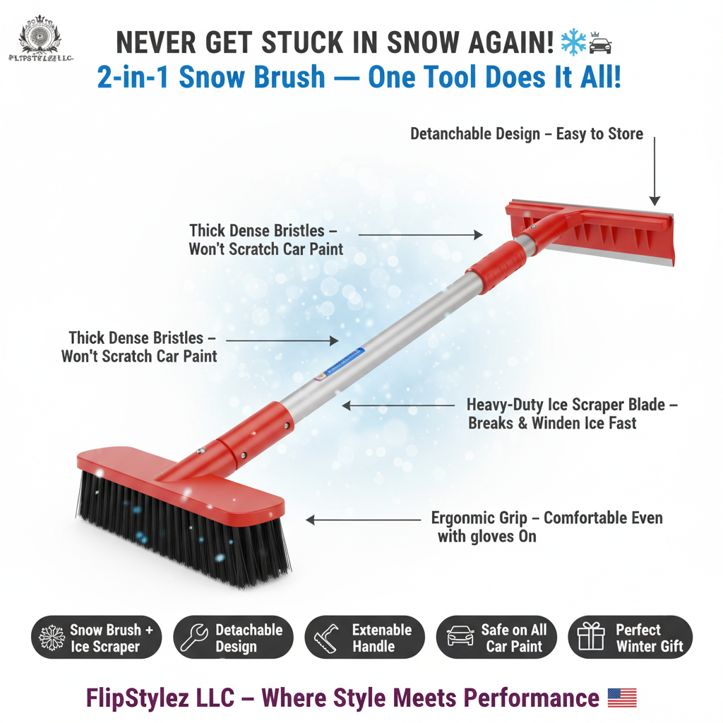 2-in-1 Car Snow Removal Brush & Ice Scraper | Multi-Functional Winter Snow Shovel with Extendable Handle | Auto Windshield Defrost Tool