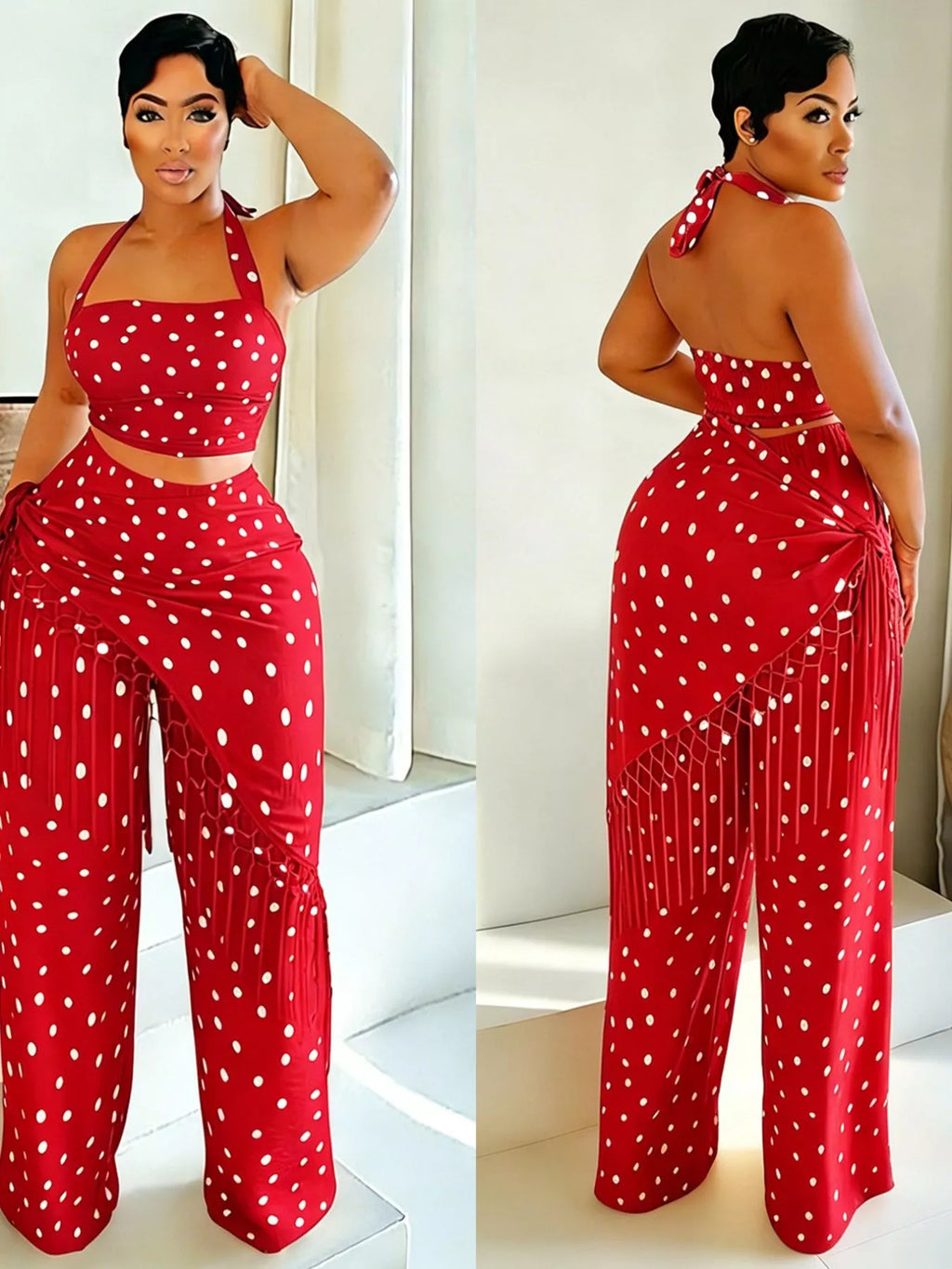 Polka Dot Halter Neck Cami and Fringe Trim Pants Set