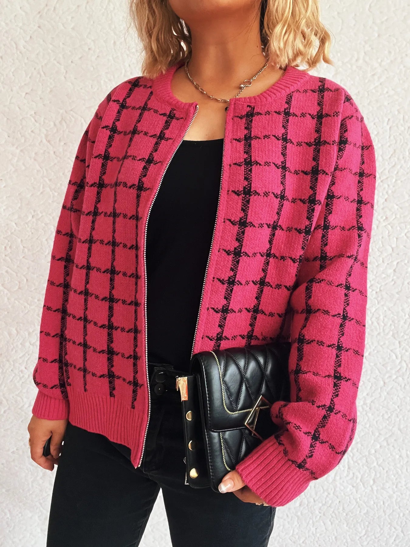 Plaid Pattern Zip Up Cardigan