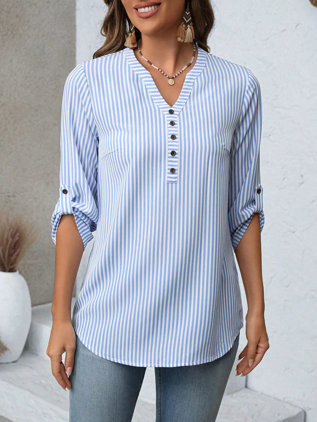 Striped V-Neck Roll-Up Sleeve Blouse