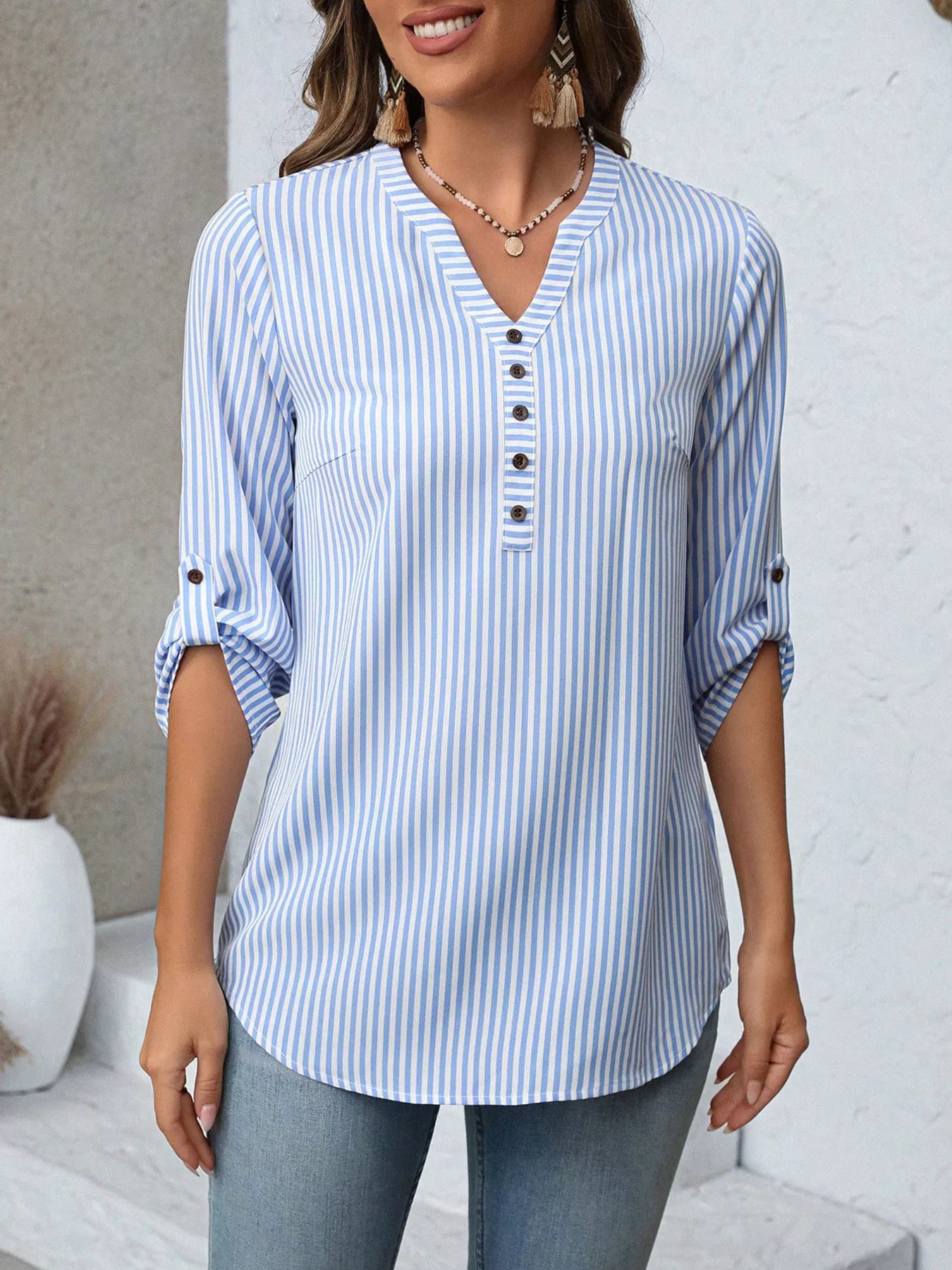 Striped V-Neck Roll-Up Sleeve Blouse