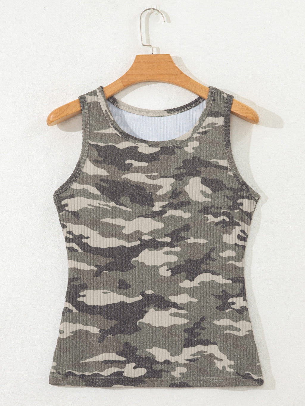 Camouflage Print Ribbed Knit Round Neck Tank Top