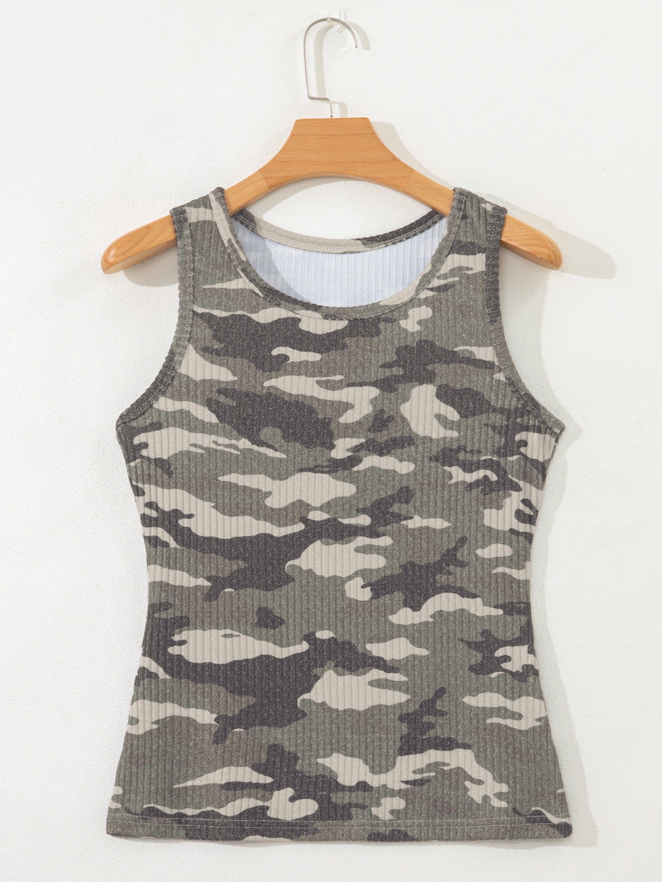 Camouflage Print Ribbed Knit Round Neck Tank Top
