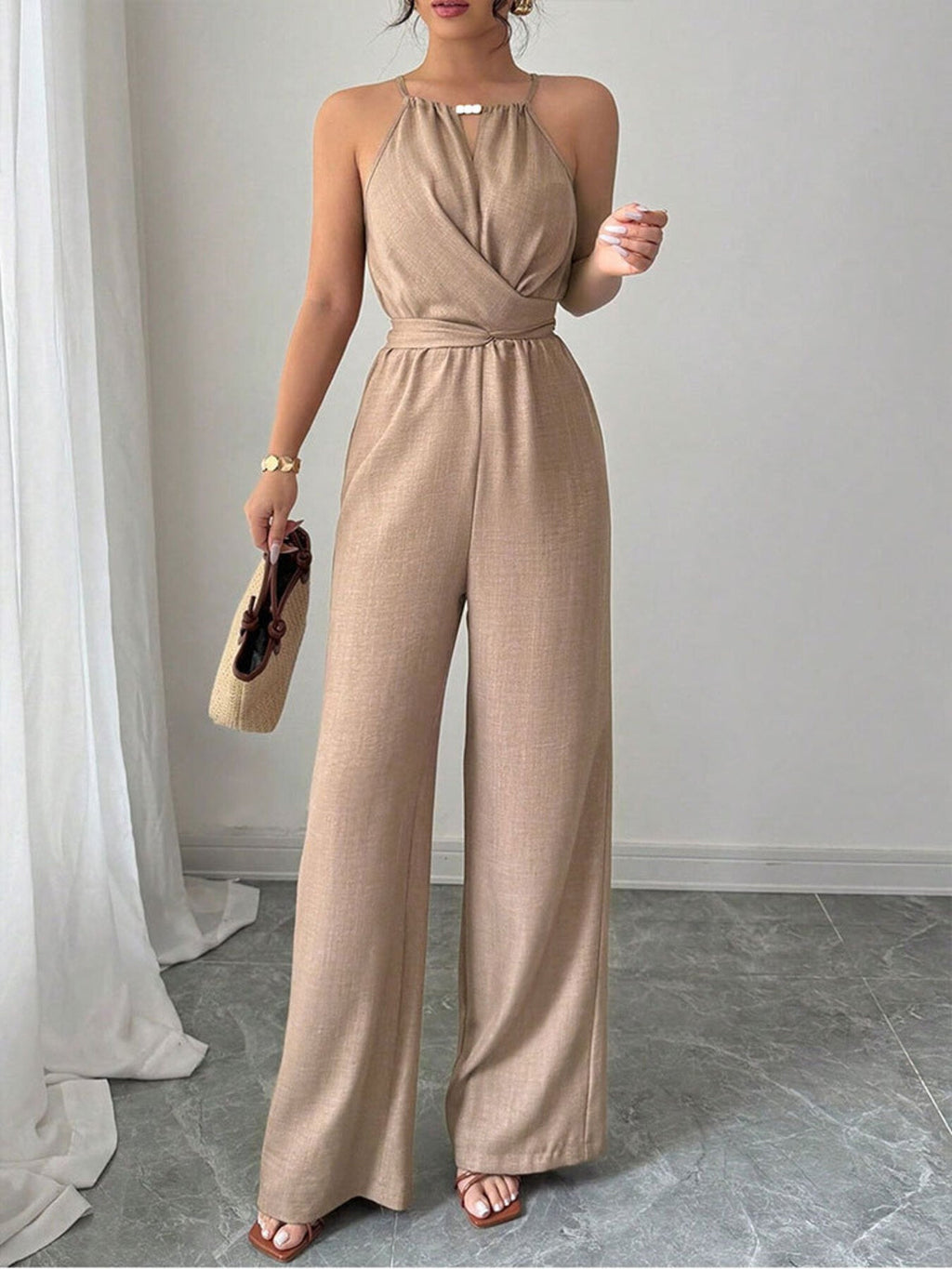 Sleeveless Tie Waist Wide Leg Jumpsuit