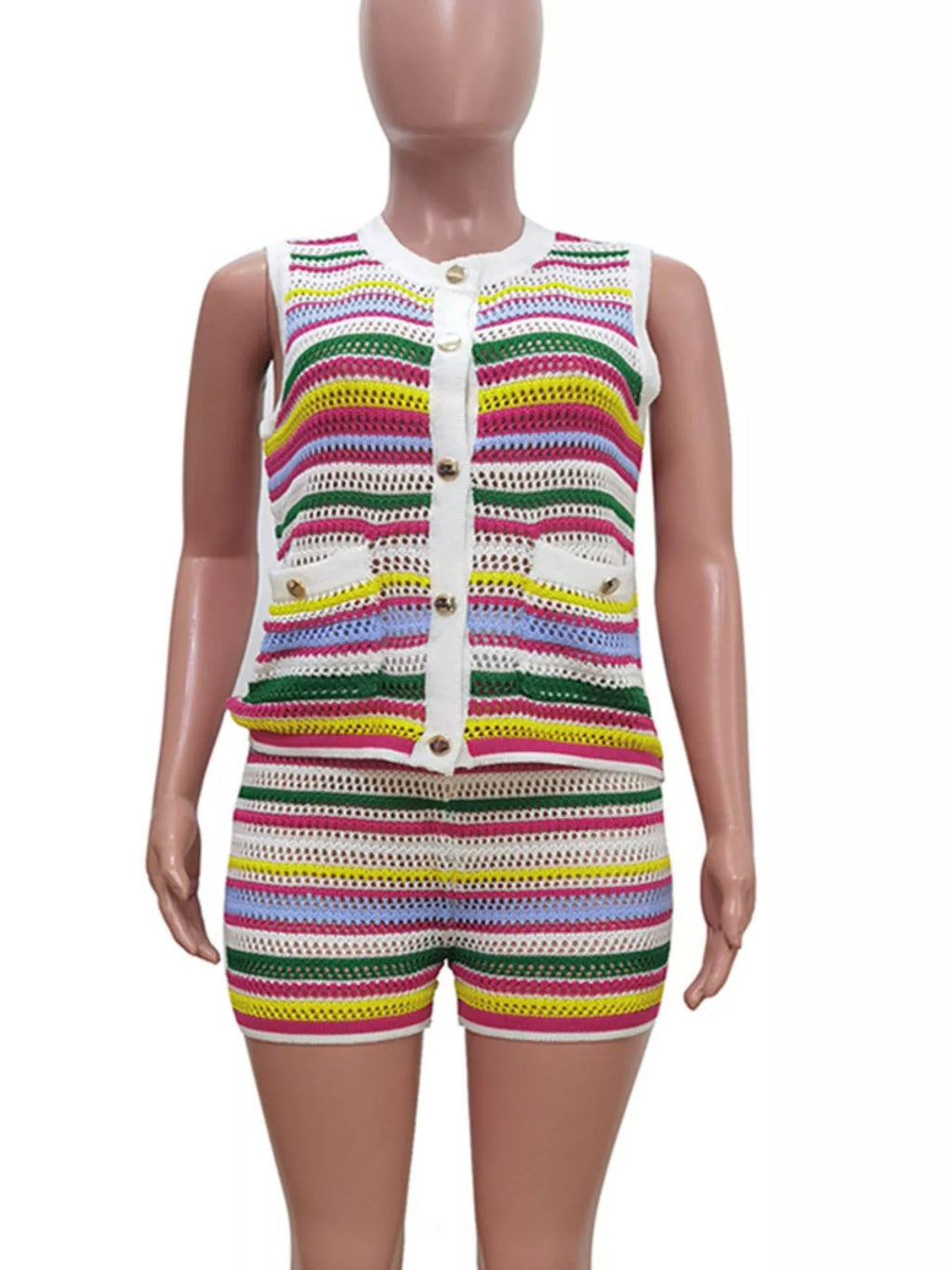 Striped Crochet Knit Top and Shorts Set