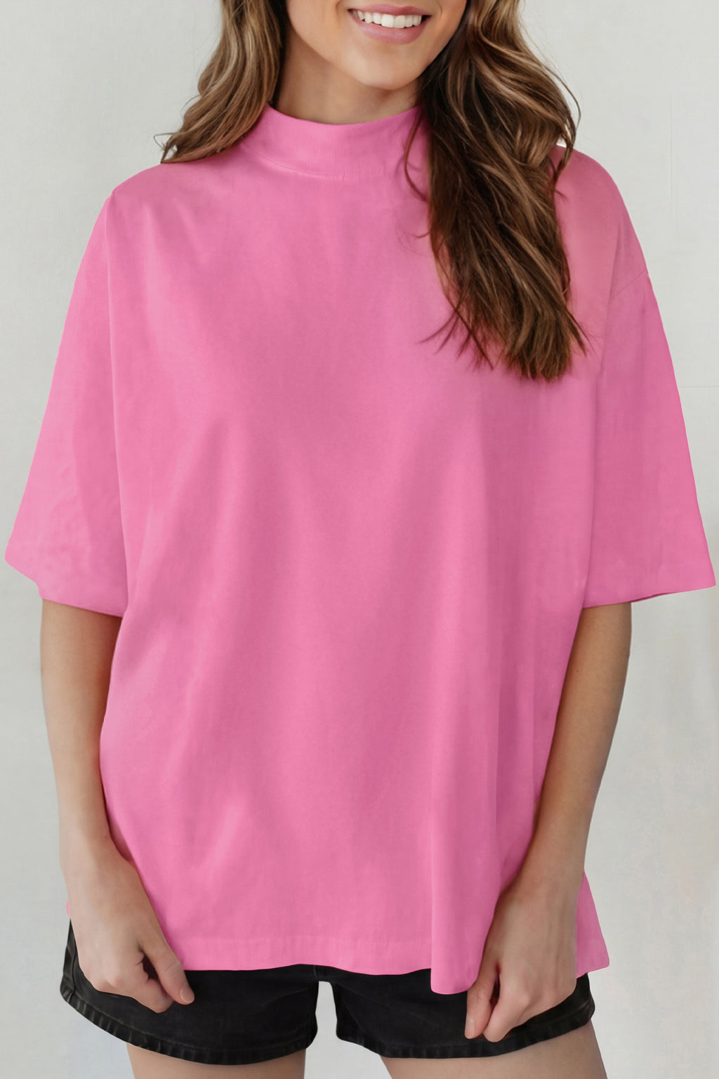 Dark Blue Solid Color High Neck Oversize Tee