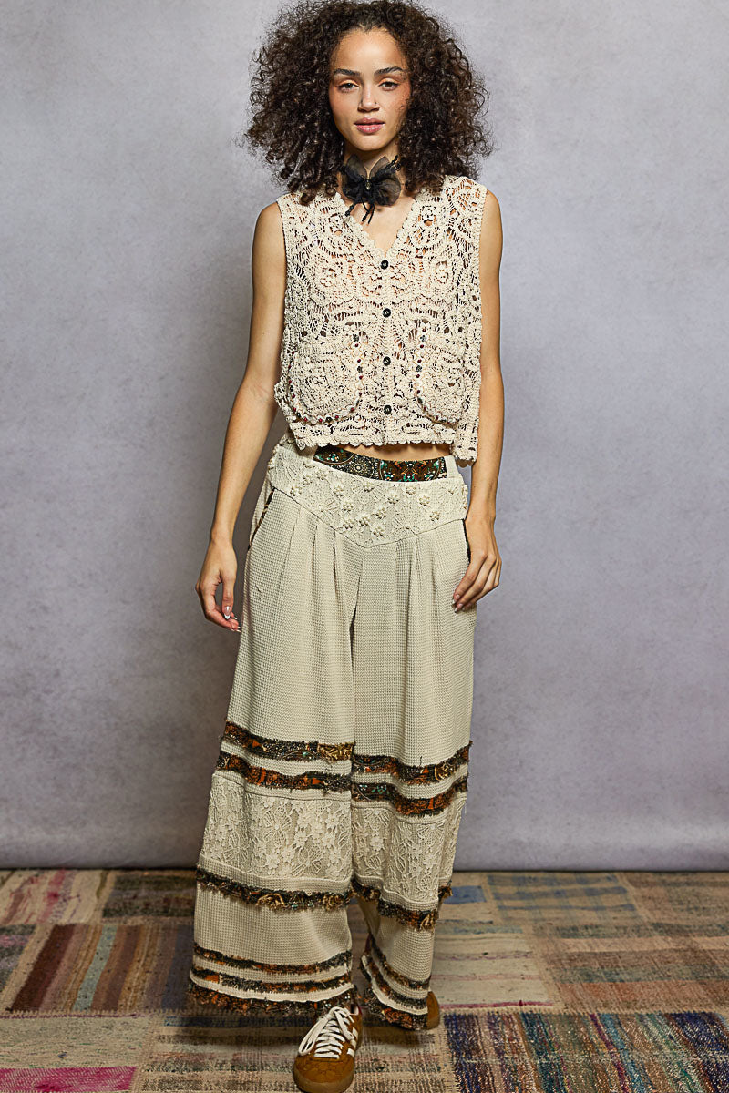 POL Button Down Cropped Crochet Vest with Scalloped Edge