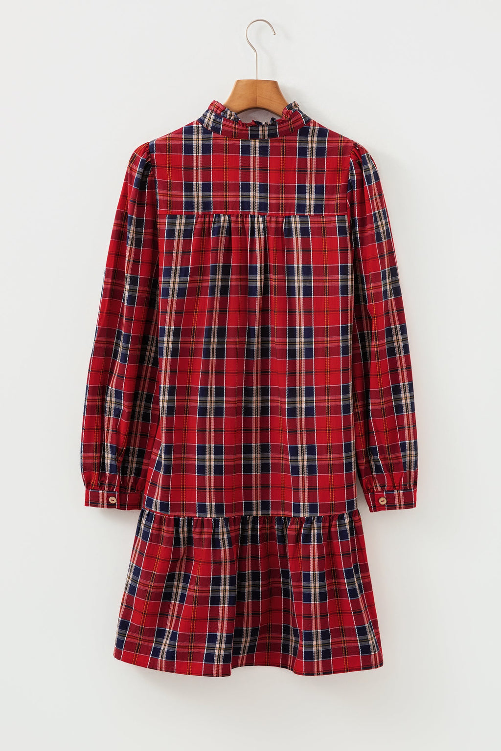 Plaid Print Frilly Collar Long Sleeve Shift Mini Dress