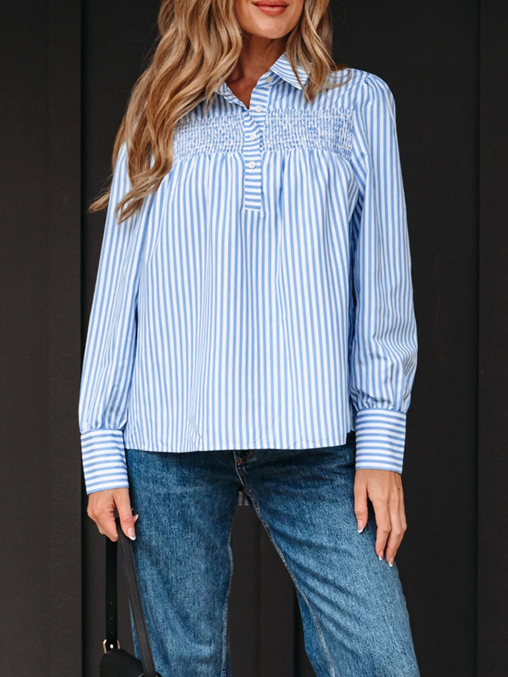 Stripe Shirred Detail Half Placket Collared Long Sleeve Shirt
