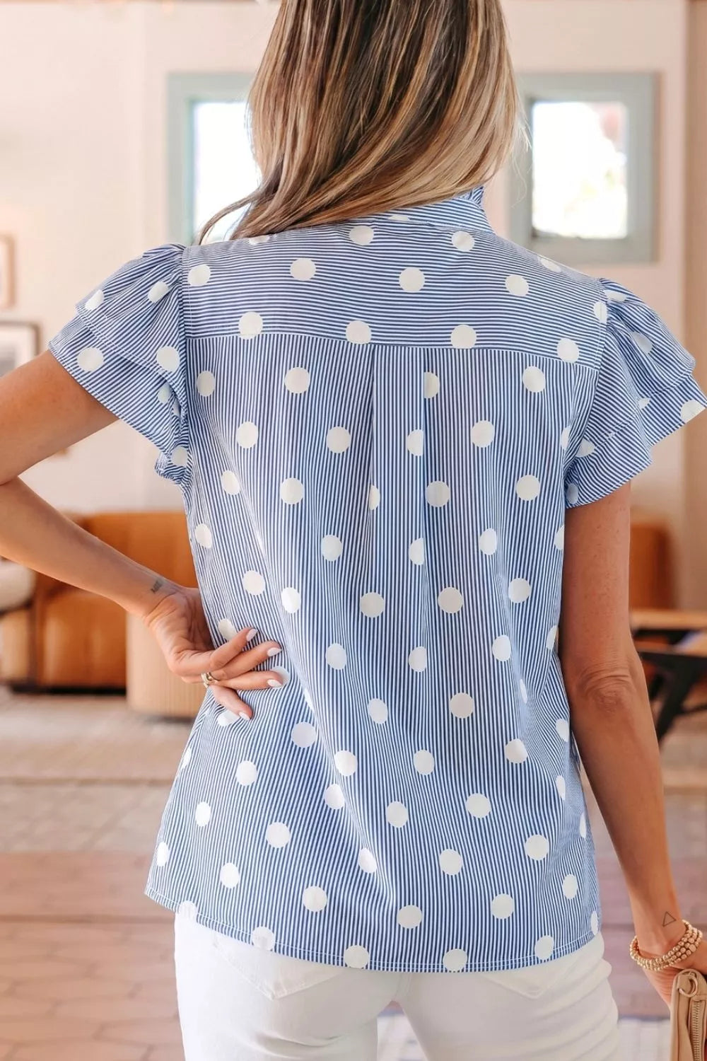 Stripe Contrast Polka Dot Print Pleated Ruffle Sleeve Shirt