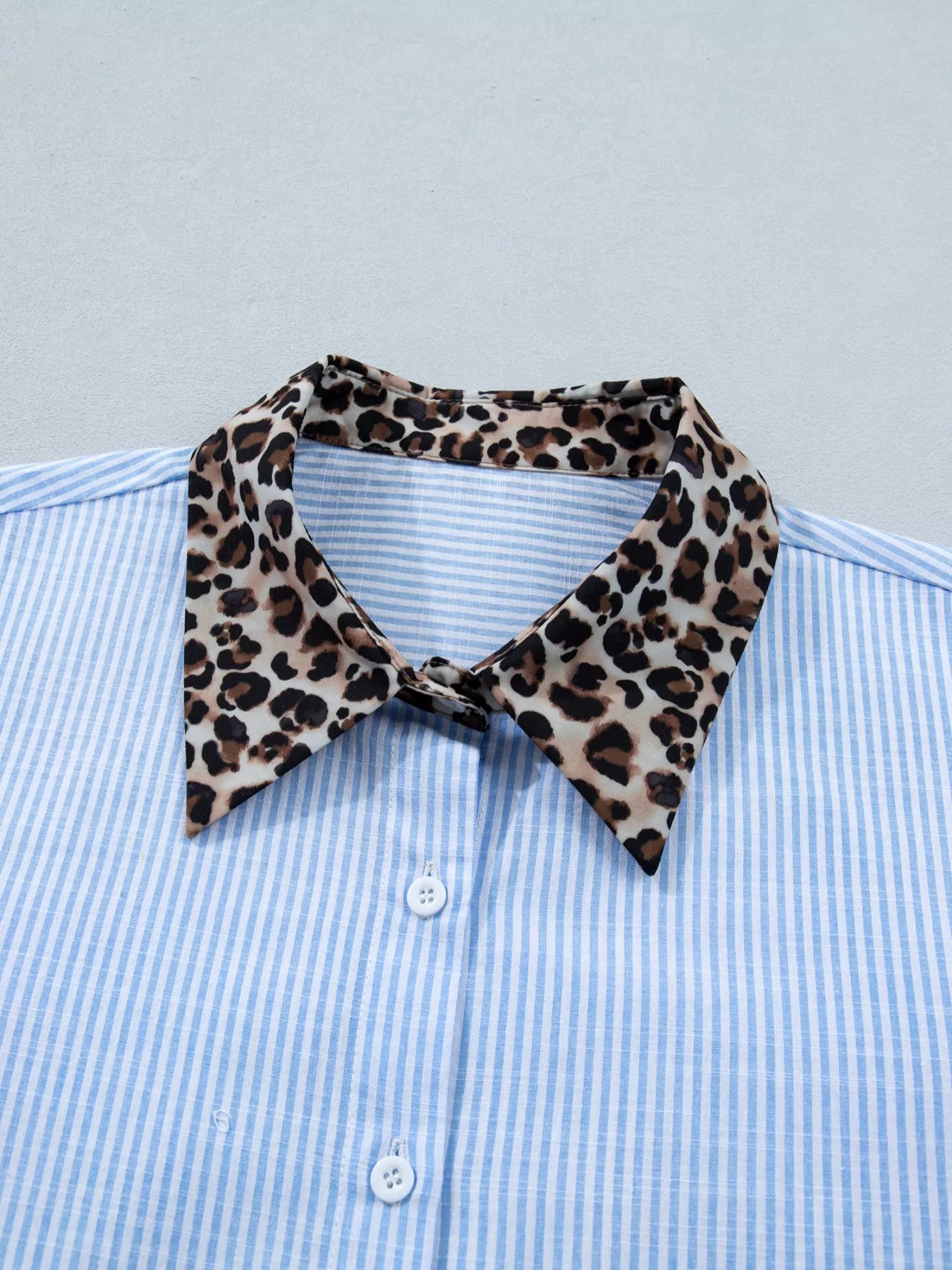 Stripe Leopard Contrast Collar Short Sleeve Shirt