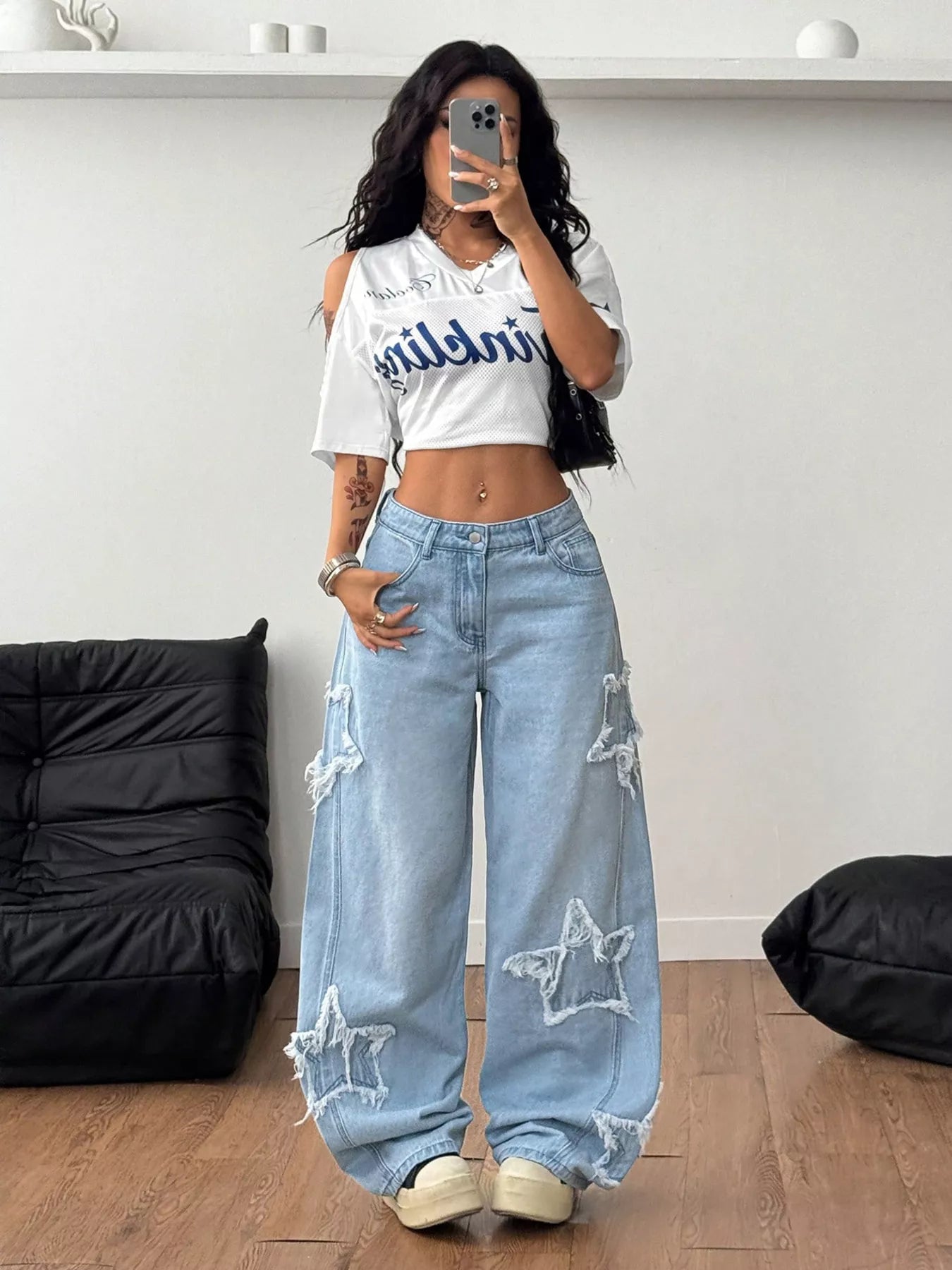 Distressed Star Patch Wide-Leg Jeans