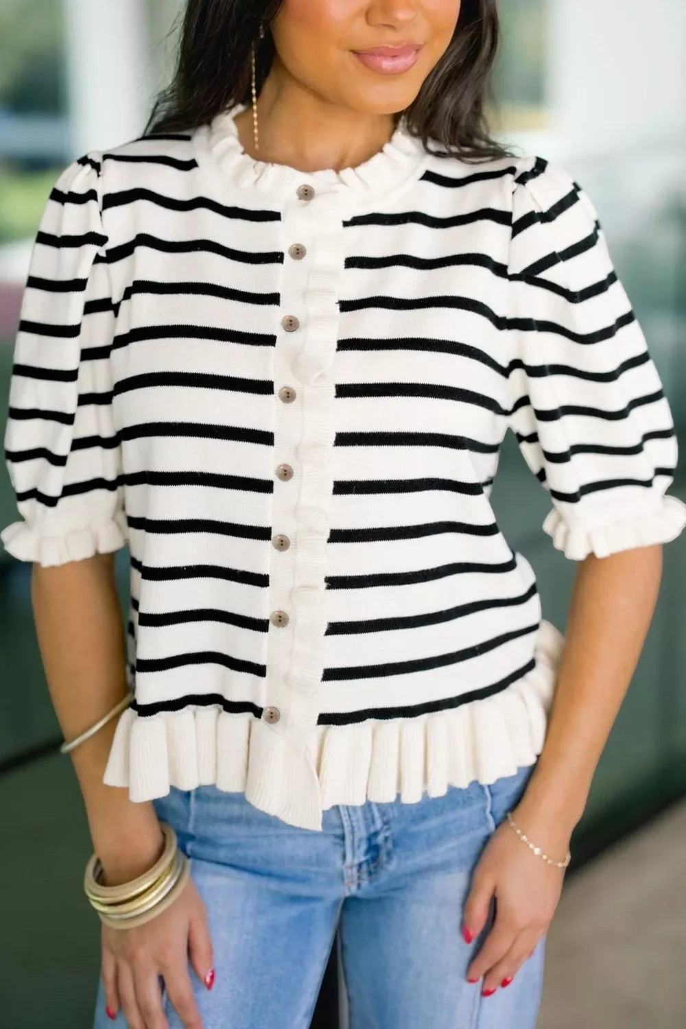 Stripe Ruffle Trim Button Down Knit Short Sleeve Sweater Cardigan