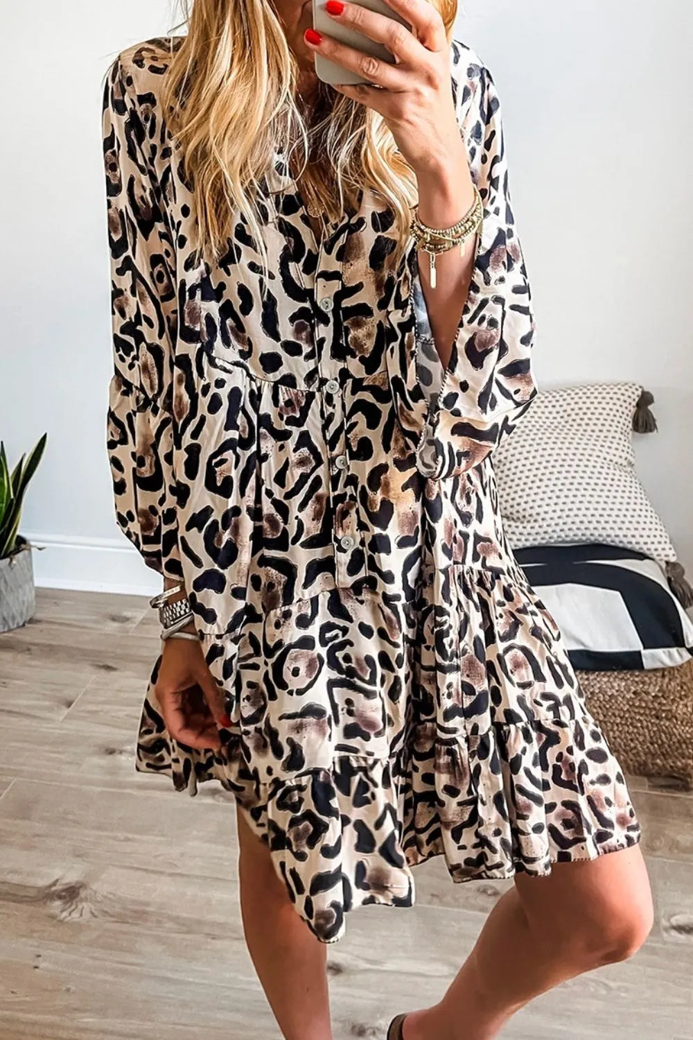 Leopard Print Buttoned Front 3/4 Sleeve Tiered Ruffled Hem Dress